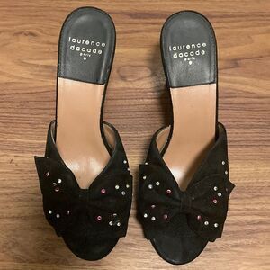 Laurence Dacade Black Suede Bow & Crystal Accent Mule. Size 38/8.